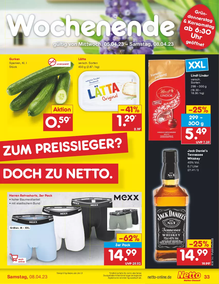 Aktueller Prospekt Netto Marken-Discount - Filial-Angebote - von 03.04 bis 08.04.2023 - strona 33 - produkty: angebot, asti, Bau, bestpreis, eis, gurke, gurken, jack daniel, Jack Daniel’s, lätta, lindor, lindt, reis, retroshorts, shorts, tennessee whiskey, Ti, tisch, usb, whiskey, ZTE