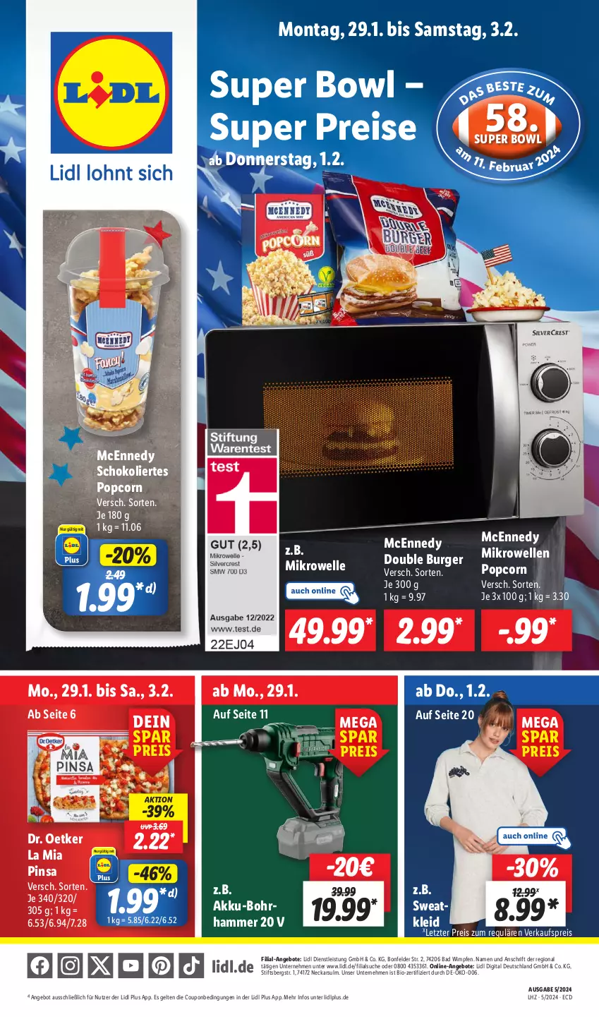 Aktueller Prospekt Lidl - Aktionsprospekt - von 29.01 bis 03.02.2024 - strona 1 - produkty: akku, Akku-Bohrhammer, angebot, angebote, Bad, bio, Bohrhammer, burger, coupon, Dr. Oetker, eis, elle, kleid, mcennedy, mikrowelle, popcorn, reis, schoko, Sweatkleid, Ti, ZTE