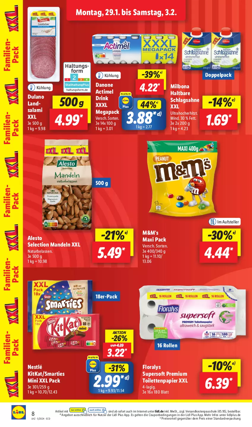 Aktueller Prospekt Lidl - Aktionsprospekt - von 29.01 bis 03.02.2024 - strona 10 - produkty: actimel, actimel drink, alesto, angebot, Bona, coupon, danone, danone actimel drink, drink, dulano, eis, elle, Floralys, kitkat, mandel, mandeln, Milbona, natur, ndk, nestlé, papier, preisvorteil, reis, sahne, salami, Schal, Schale, schlagsahne, smarties, teller, Ti, toilettenpapier