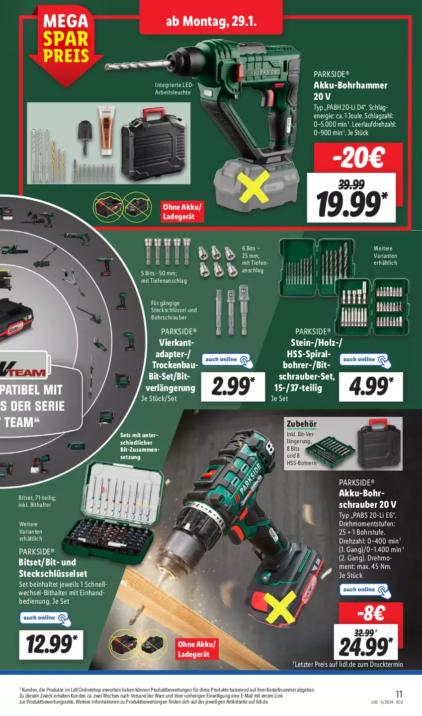 Aktueller Prospekt Lidl - Aktionsprospekt - von 29.01 bis 03.02.2024 - strona 17 - produkty: adapter, akku, Arbeitsleuchte, Bau, Bitset, Bohrhammer, Bohrschrauber, eis, Holz, ladegerät, Leuchte, Parkside, reis, Ria, Ti, weck, ZTE