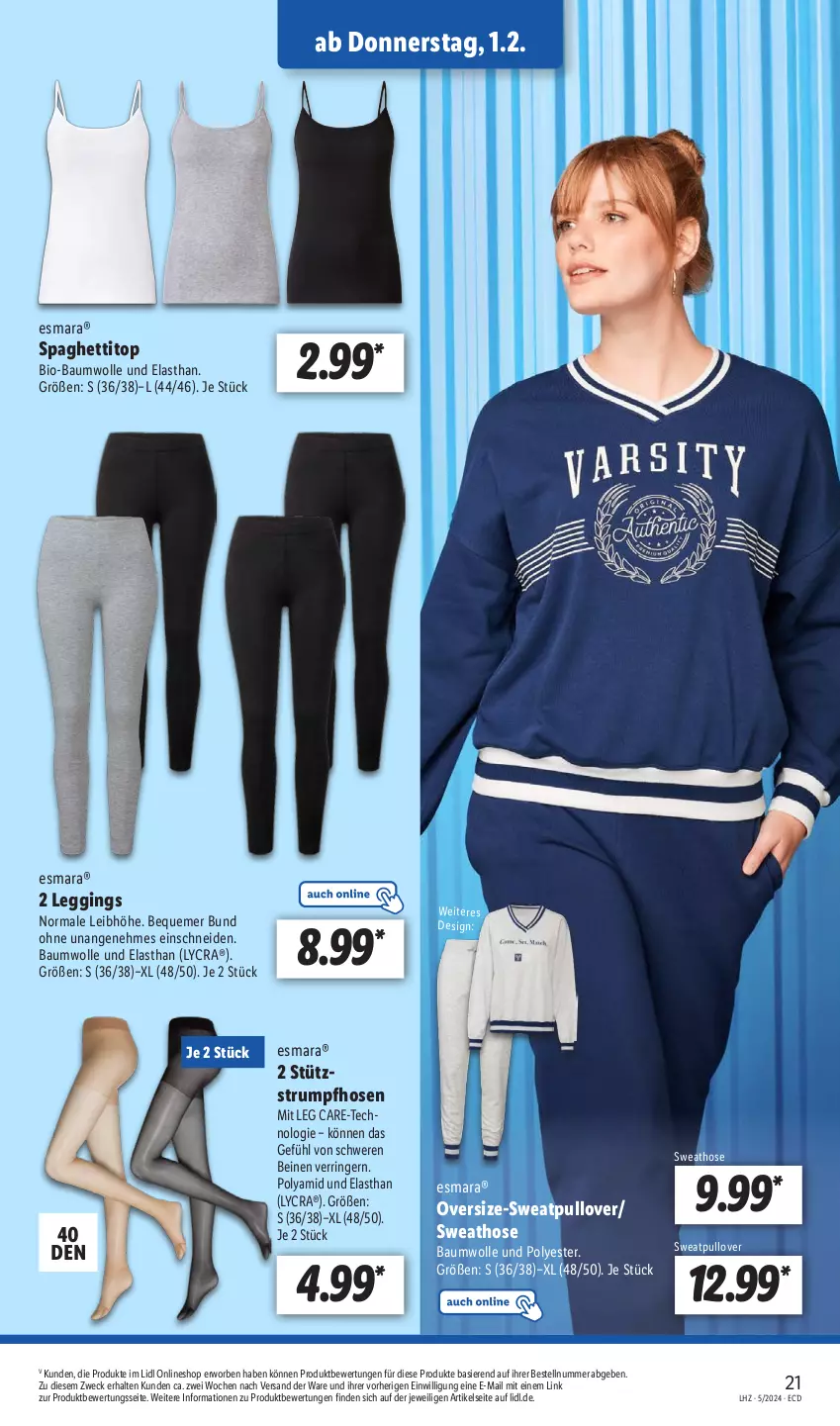 Aktueller Prospekt Lidl - Aktionsprospekt - von 29.01 bis 03.02.2024 - strona 27 - produkty: Bau, baumwolle, bio, bio-baumwolle, esmara, gin, hose, hosen, leggings, Pullover, ring, rum, spaghetti, Strumpfhose, Sweathose, Ti, weck, wolle