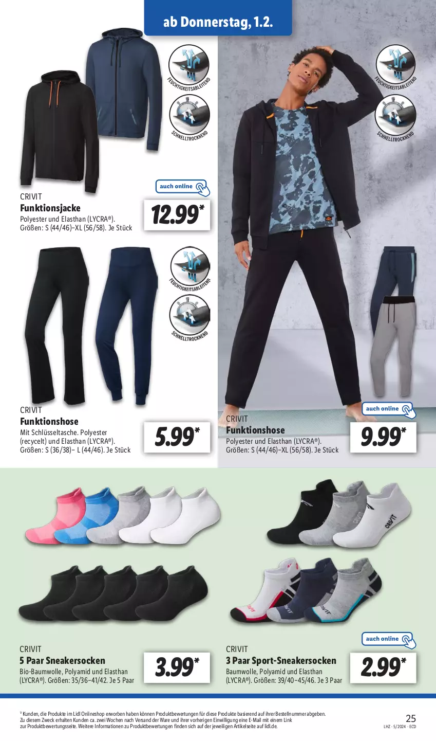 Aktueller Prospekt Lidl - Aktionsprospekt - von 29.01 bis 03.02.2024 - strona 31 - produkty: Bau, baumwolle, bio, bio-baumwolle, crivit, hose, Jacke, sneaker, sneakersocken, socken, Sport, Tasche, Ti, weck, wolle