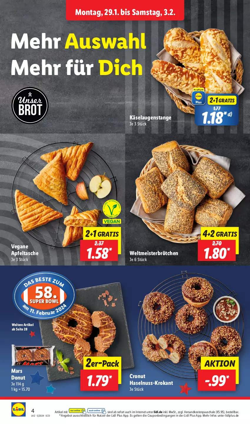 Aktueller Prospekt Lidl - Aktionsprospekt - von 29.01 bis 03.02.2024 - strona 4 - produkty: angebot, apfel, Apfeltasche, brot, brötchen, coupon, Donut, eis, haselnuss, Käse, Laugenstange, mars, Meister, ndk, nuss, Schal, Schale, Tasche, Ti