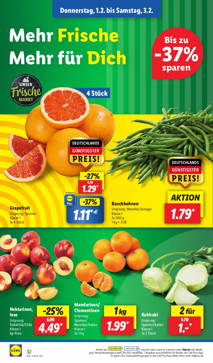 Aktueller Prospekt Lidl - Aktionsprospekt - von 29.01 bis 03.02.2024 - strona 40 - produkty: angebot, bohne, bohnen, Buschbohnen, clementinen, coupon, eis, grapefruit, kohlrabi, mandarine, mandarinen, ndk, Nektar, nektarinen, reis, Schal, Schale, Ti