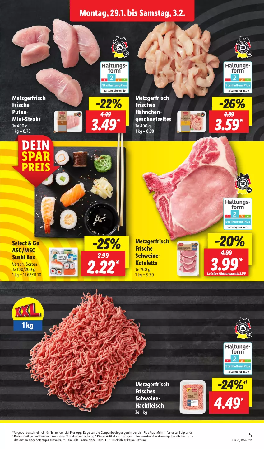 Aktueller Prospekt Lidl - Aktionsprospekt - von 29.01 bis 03.02.2024 - strona 5 - produkty: aktionspreis, angebot, coupon, eis, fleisch, geschnetzeltes, hackfleisch, Hähnchengeschnetzeltes, kotelett, preisvorteil, pute, reis, schwein, schweine, Schweinehackfleisch, schweinekotelett, steak, steaks, Sushi, Ti, wein, weine, Zelt, ZTE