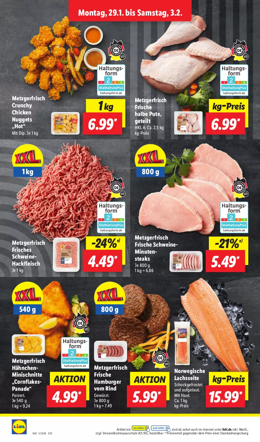 Aktueller Prospekt Lidl - Aktionsprospekt - von 29.01 bis 03.02.2024 - strona 6 - produkty: burger, chicken nuggets, dip, eis, flakes, fleisch, gewürz, hackfleisch, hamburger, lachs, minutensteaks, ndk, nuggets, preisvorteil, pute, reis, rind, rwe, Schal, Schale, schwein, schweine, Schweinehackfleisch, steak, steaks, Ti, wein, weine