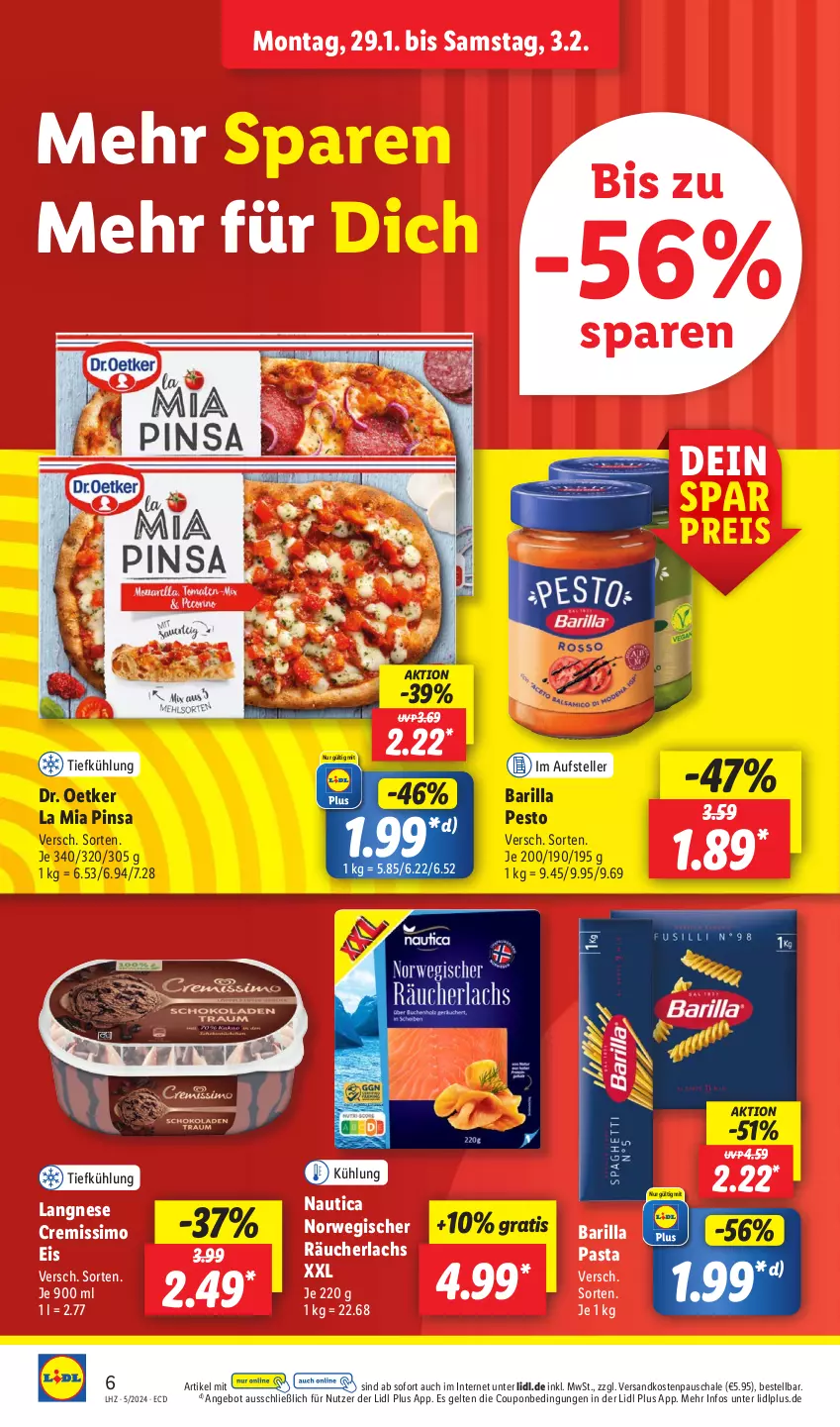 Aktueller Prospekt Lidl - Aktionsprospekt - von 29.01 bis 03.02.2024 - strona 8 - produkty: angebot, barilla, coupon, cremissimo, Dr. Oetker, eis, elle, lachs, langnese, langnese cremissimo, ndk, pasta, pesto, Räucherlachs, reis, rwe, Schal, Schale, sim, teller, Ti