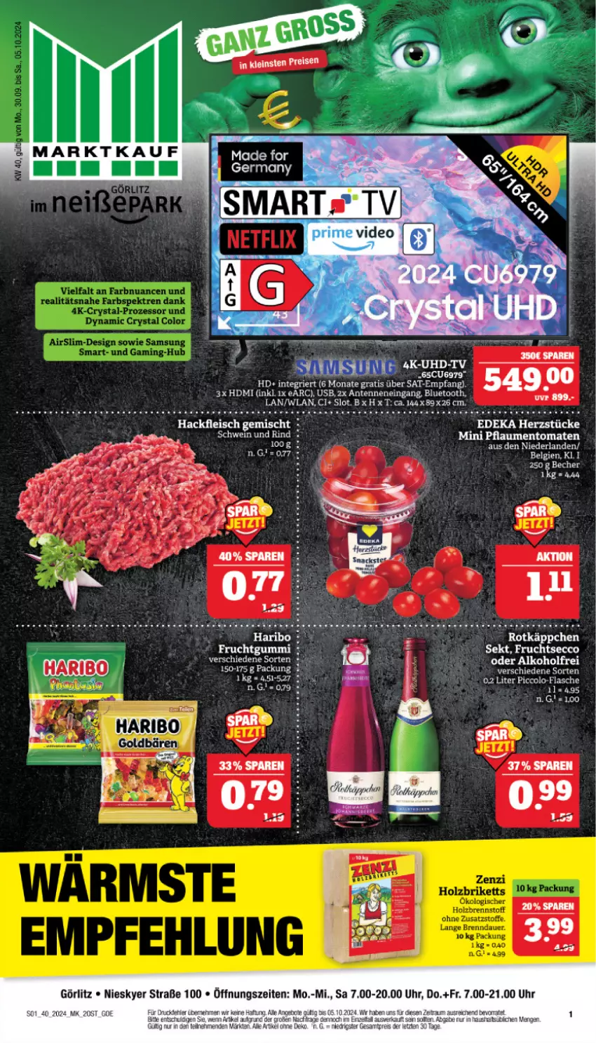 Aktueller Prospekt Marktkauf - Prospekt - von 29.09 bis 05.10.2024 - strona 1 - produkty: auto, Becher, bett, ecco, eier, eis, ente, fleisch, frucht, fruchtsecco, hackfleisch, hackfleisch gemischt, haribo, HDMI, LG, rind, rotkäppchen, schwein, schwein und rind, sekt, Ti, usb, wein