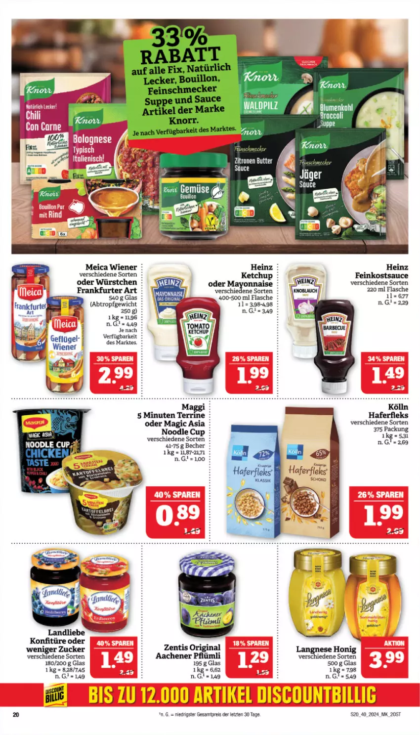 Aktueller Prospekt Marktkauf - Prospekt - von 29.09 bis 05.10.2024 - strona 20 - produkty: Becher, broccoli, eis, Elan, feinkost, flasche, frankfurter, gin, hafer, haferfleks, heinz, honig, ketchup, kölln, konfitüre, maggi, meica, reis, sauce, schoko, terrine, Ti, wiener, würstchen, zentis, ZTE, zucker