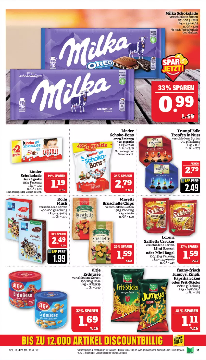 Aktueller Prospekt Marktkauf - Prospekt - von 29.09 bis 05.10.2024 - strona 21 - produkty: aktionspreis, alpenmilch, brot, Bruschette, chips, deka, eis, Frit-Sticks, Kinder, kölln, milch, milka, milka schokolade, müsli, nuss, reis, rum, schoko, schoko-bons, schokolade, Ti, ZTE