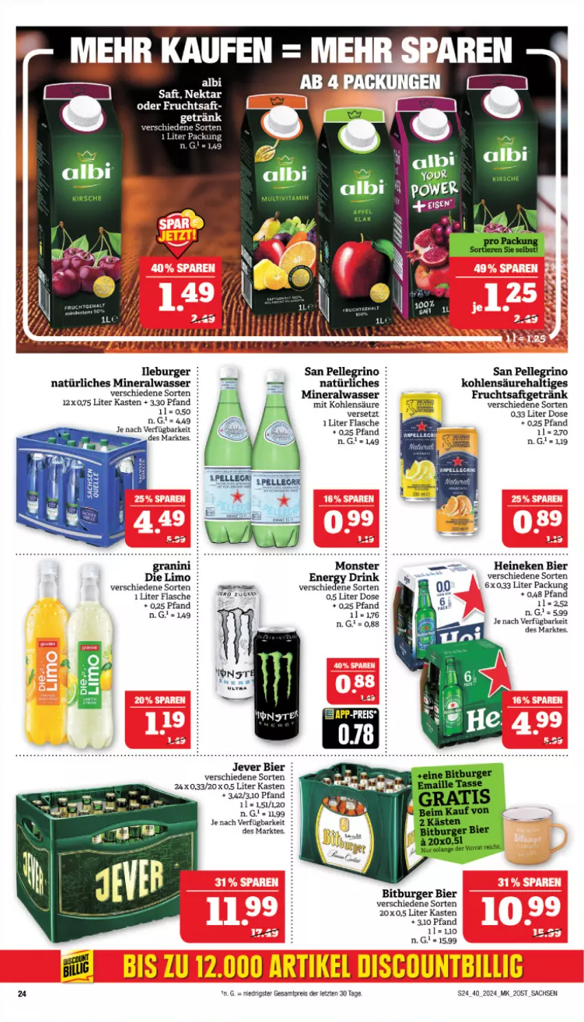 Aktueller Prospekt Marktkauf - Prospekt - von 29.09 bis 05.10.2024 - strona 24 - produkty: Alwa, bier, bitburger, burger, discount, eis, elle, flasche, frucht, fruchtsaft, fruchtsaftgetränk, getränk, granini, heineken, jever, limo, mineralwasser, natürliches mineralwasser, Nektar, reis, sac, saft, san pellegrino, tee, Ti, wasser, ZTE