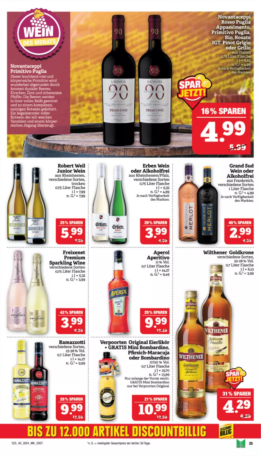 Aktueller Prospekt Marktkauf - Prospekt - von 29.09 bis 05.10.2024 - strona 25 - produkty: alkohol, aperol, eier, eierlikör, eis, flasche, gin, goldkrone, grand sud, krone, likör, maracuja, merl, merlot, pfirsich, rama, ramazzott, ramazzotti, reis, Ti, verpoorten, wein, wilthener, Wilthener Goldkrone, zott, ZTE