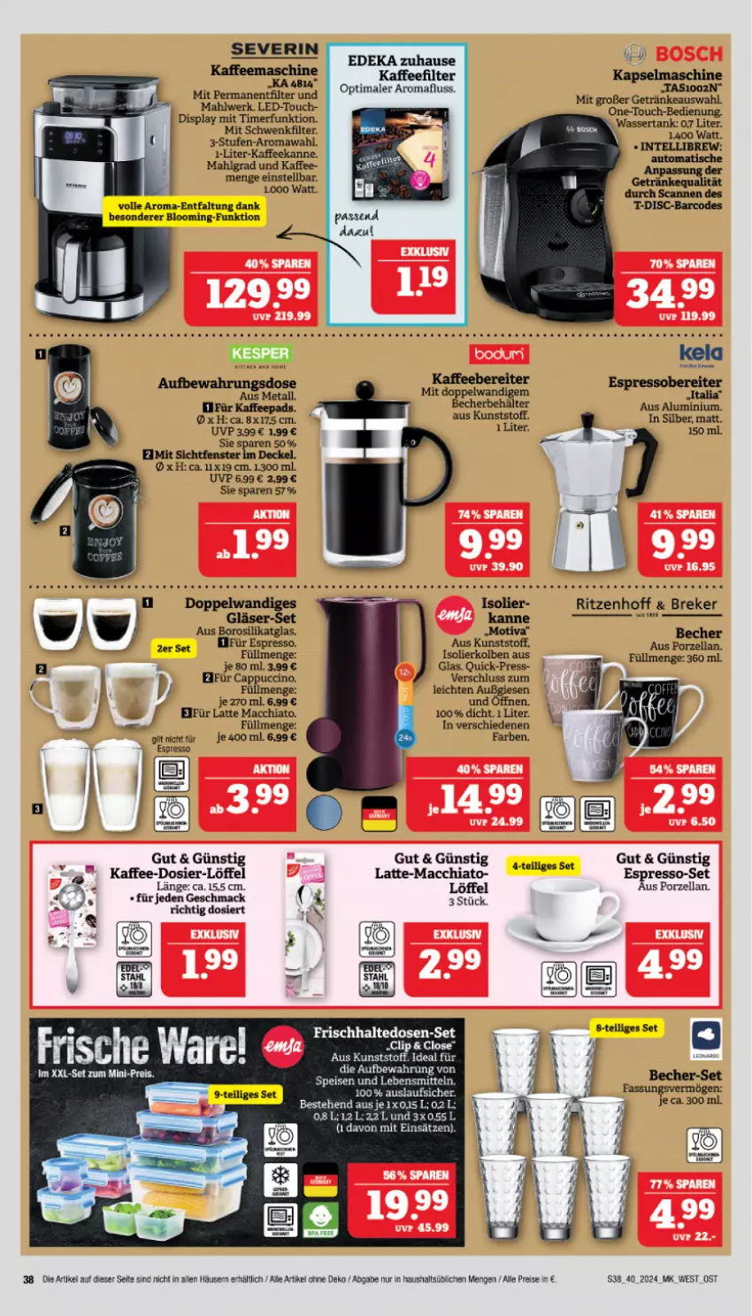 Aktueller Prospekt Marktkauf - Prospekt - von 29.09 bis 05.10.2024 - strona 38 - produkty: ACC, auto, Becher, Cap, cappuccino, chia, cin, decke, Deckel, deka, eis, espresso, fenster, frischhaltedosen, getränk, getränke, Gläser, Intel, kaffee, kaffeebereiter, kaffeepads, Kapselmaschine, latte, latte macchiato, lebensmittel, LG, Löffel, mac, macchiato, reis, severin, tee, Ti, timer, tisch, wasser, wassertank