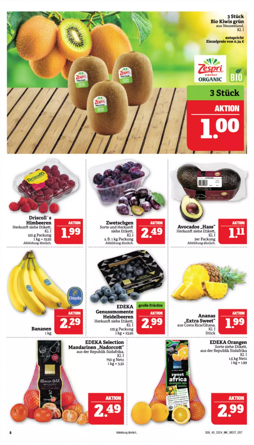 Aktueller Prospekt Marktkauf - Prospekt - von 29.09 bis 05.10.2024 - strona 8 - produkty: ananas, avocado, avocados, banane, bananen, beere, beeren, bio, deka, eis, ente, heidelbeere, heidelbeeren, himbeer, himbeere, himbeeren, kiwi, mandarine, mandarinen, nuss, reis, Ti