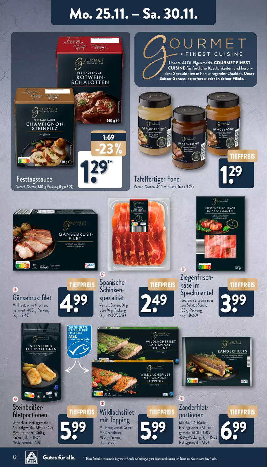 Aktueller Prospekt Aldi Nord - Von Montag - von 25.11 bis 30.11.2024 - strona 12 - produkty: aldi, brustfilet, eis, filet, Gänsebrust, Käse, lachs, lachsfilet, Mantel, nuss, reis, salat, sauce, schinken, Speck, Spezi, Steinbeißer, Ti, tiefpreis, vorspeise, Wild, wildlachs, Zander, ZTE