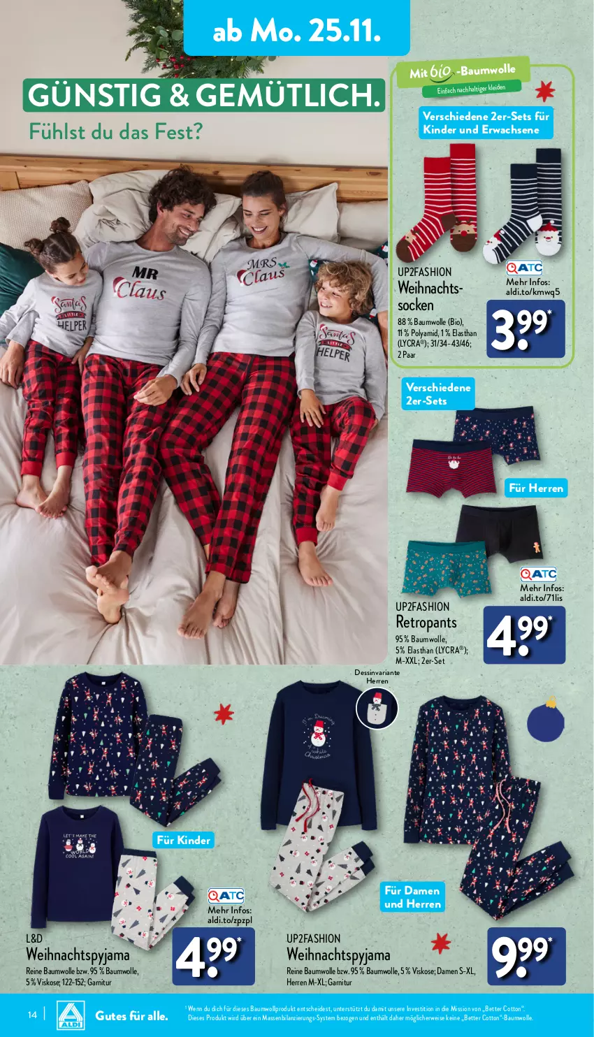 Aktueller Prospekt Aldi Nord - Von Montag - von 25.11 bis 30.11.2024 - strona 14 - produkty: aldi, Bau, baumwolle, bett, bio, eis, garnitur, Kinder, kleid, Pants, Pyjama, reine baumwolle, Retropants, Ria, rwe, socken, Ti, up2fashion, wolle