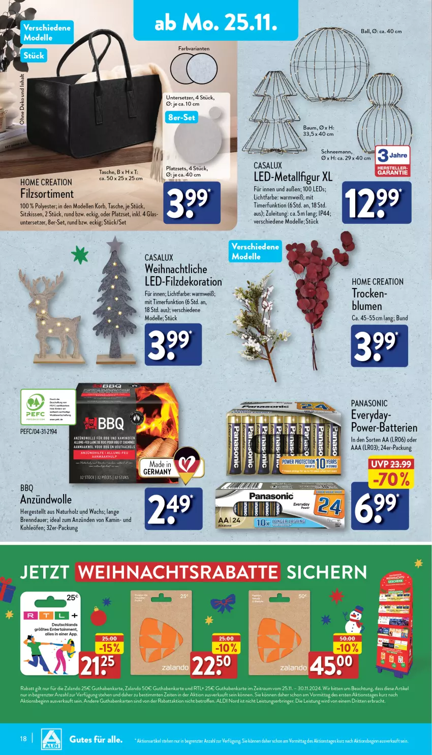 Aktueller Prospekt Aldi Nord - Von Montag - von 25.11 bis 30.11.2024 - strona 18 - produkty: auer, ball, batterie, batterien, blume, blumen, dekoration, dell, elle, ente, Holz, Kamin, kissen, korb, leds, Mode, natur, panasonic, Ria, sitzkissen, Tasche, teller, Ti, timer, Untersetzer, wolle