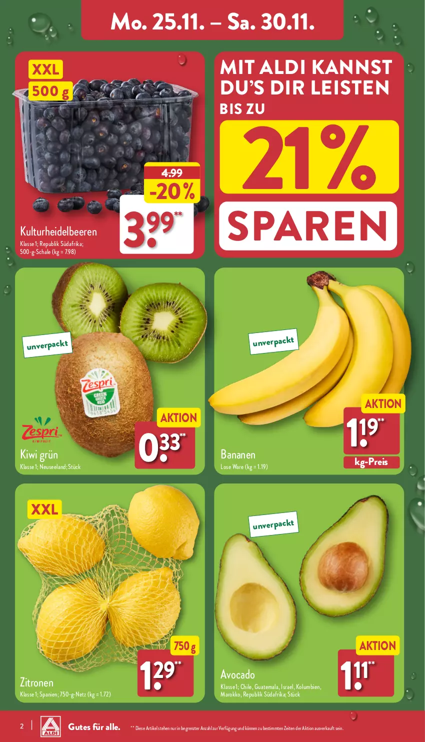 Aktueller Prospekt Aldi Nord - Von Montag - von 25.11 bis 30.11.2024 - strona 2 - produkty: aldi, avocado, banane, bananen, beere, beeren, eis, Elan, heidelbeere, heidelbeeren, kiwi, reis, Schal, Schale, Ti, zitrone, zitronen, ZTE