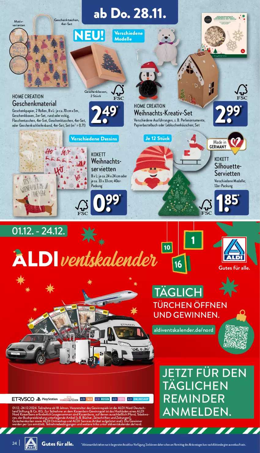 Aktueller Prospekt Aldi Nord - Von Montag - von 25.11 bis 30.11.2024 - strona 24 - produkty: aldi, buch, dell, eis, elle, ente, erde, flasche, Germ, Geschenkbox, Geschenkpapier, Geschenktasche, gewinnspiel, gin, gutschein, HP, kuchen, Lebkuchen, lenor, Liege, Mode, papier, perlen, reis, Ria, Serviette, servietten, Tasche, taschen, Ti, ZTE