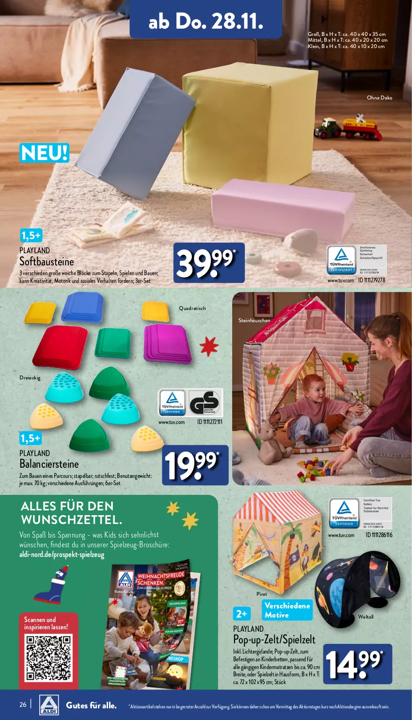 Aktueller Prospekt Aldi Nord - Von Montag - von 25.11 bis 30.11.2024 - strona 26 - produkty: aldi, aust, Bau, bett, Betten, Brei, gin, Girlande, Kinder, Kinderbett, Kinderbetten, Kindermatratze, matratze, matratzen, passend für alle, quad, Spiele, spielzeug, Ti, tisch, Zelt, ZTE