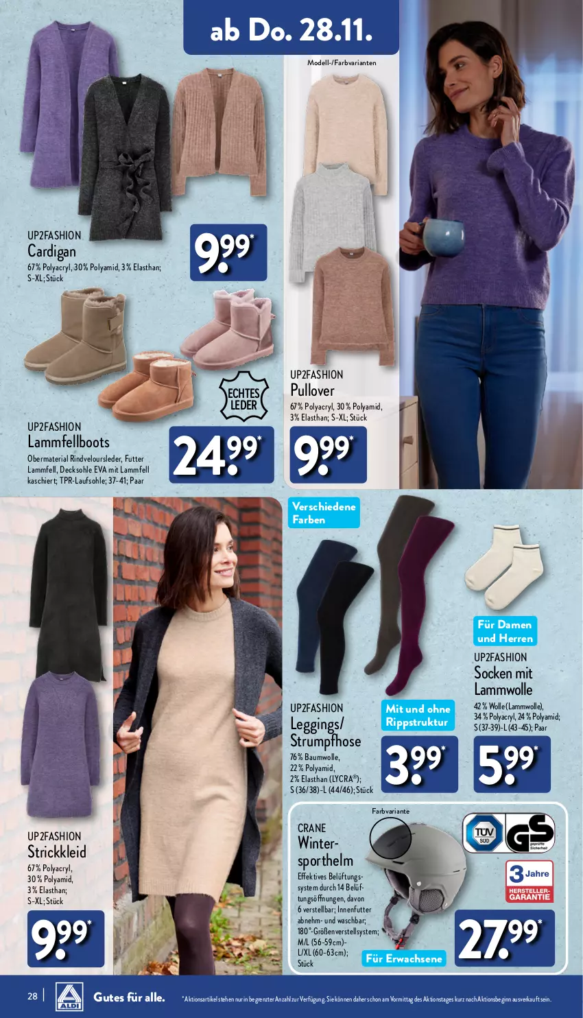 Aktueller Prospekt Aldi Nord - Von Montag - von 25.11 bis 30.11.2024 - strona 28 - produkty: Bau, baumwolle, Cardigan, decksohle, dell, gin, hose, kleid, lamm, Lammfell, leggings, Mode, Pullover, Ria, rind, rum, socken, Sport, Strickkleid, Strumpfhose, Ti, up2fashion, wolle, ZTE