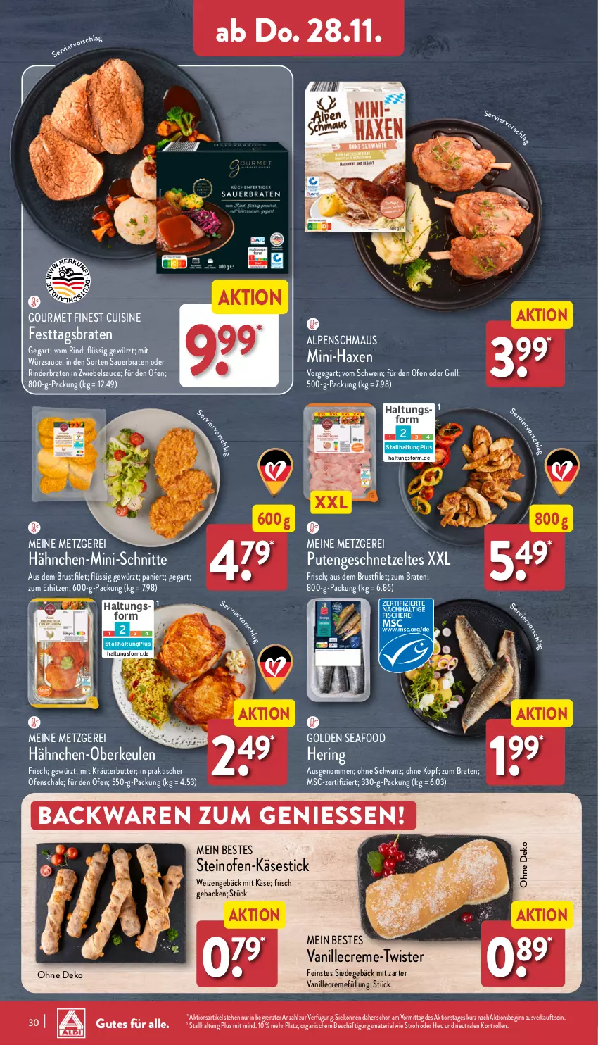 Aktueller Prospekt Aldi Nord - Von Montag - von 25.11 bis 30.11.2024 - strona 30 - produkty: auer, axe, backwaren, braten, brustfilet, butter, creme, filet, geback, geschnetzeltes, gewürz, gin, grill, Hähnchen-Oberkeulen, Haxe, hering, Heu, Käse, kräuter, kräuterbutter, Maus, Ofen, pute, Putengeschnetzeltes, Ria, rind, rinder, rinderbraten, ring, sauce, Schal, Schale, schwein, steinofen, Ti, tisch, vanille, wein, würzsauce, Zelt, ZTE, zwiebel