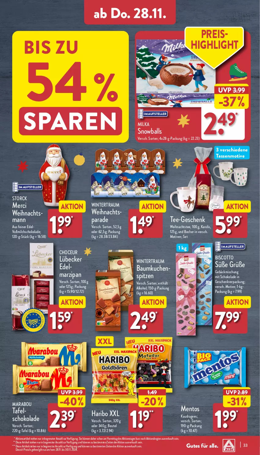 Aktueller Prospekt Aldi Nord - Von Montag - von 25.11 bis 30.11.2024 - strona 33 - produkty: alkohol, ball, Bau, Becher, beutel, biscotto, eis, elle, gebäckmischung, gin, haribo, kuchen, Lübecker, Marabou, marzipan, mentos, merci, milch, milka, reis, schoko, schokolade, storck, tasse, tee, teller, Ti, vollmilch, ZTE