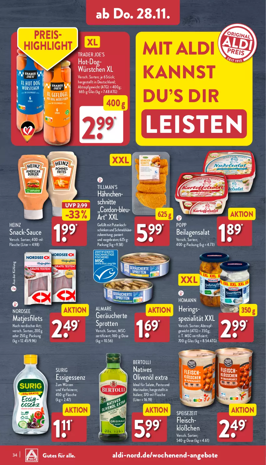 Aktueller Prospekt Aldi Nord - Von Montag - von 25.11 bis 30.11.2024 - strona 34 - produkty: aldi, almare, angebot, angebote, bertolli, braten, eis, essig, filet, filets, flasche, fleisch, heinz, hering, Herings, homann, ilag, Käse, marinade, matjes, Matjesfilet, matjesfilets, Nordsee, olive, oliven, olivenöl, olivenöl extra, pasta, Popp, pute, reis, ring, salat, salate, sauce, schinken, Schmelzkäse, snack, Spezi, Sprotten, Ti, würstchen