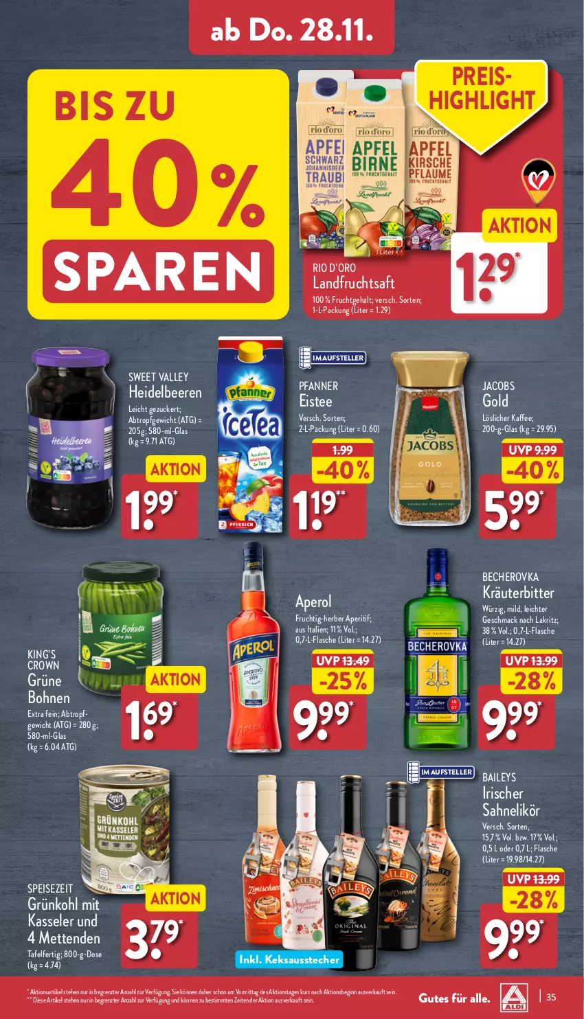 Aktueller Prospekt Aldi Nord - Von Montag - von 25.11 bis 30.11.2024 - strona 35 - produkty: aperitif, aperol, Ausstecher, baileys, Becher, Becherovka, beere, beeren, bohne, bohnen, eis, eistee, elle, flasche, frucht, fruchtsaft, gin, heidelbeere, heidelbeeren, hero, jacobs, kaffee, kasseler, keks, kräuter, Lakritz, likör, löslicher kaffee, mac, Mett, metten, Mettenden, pfanne, Pfanner, reis, saft, sahne, tee, teller, Ti, ZTE, zucker