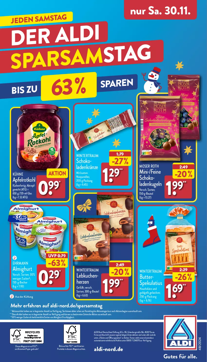 Aktueller Prospekt Aldi Nord - Von Montag - von 25.11 bis 30.11.2024 - strona 36 - produkty: aldi, almighur, almighurt, apfel, auto, Becher, beutel, butter, ehrmann, ehrmann almighurt, frucht, fruchtjoghurt, geback, gin, joghur, joghurt, küche, Küchen, kuchen, Kugel, Kühne, Lebkuchen, magazin, moser, Moser Roth, papier, rotkohl, schoko, telefon, Ti, ZTE, zucker