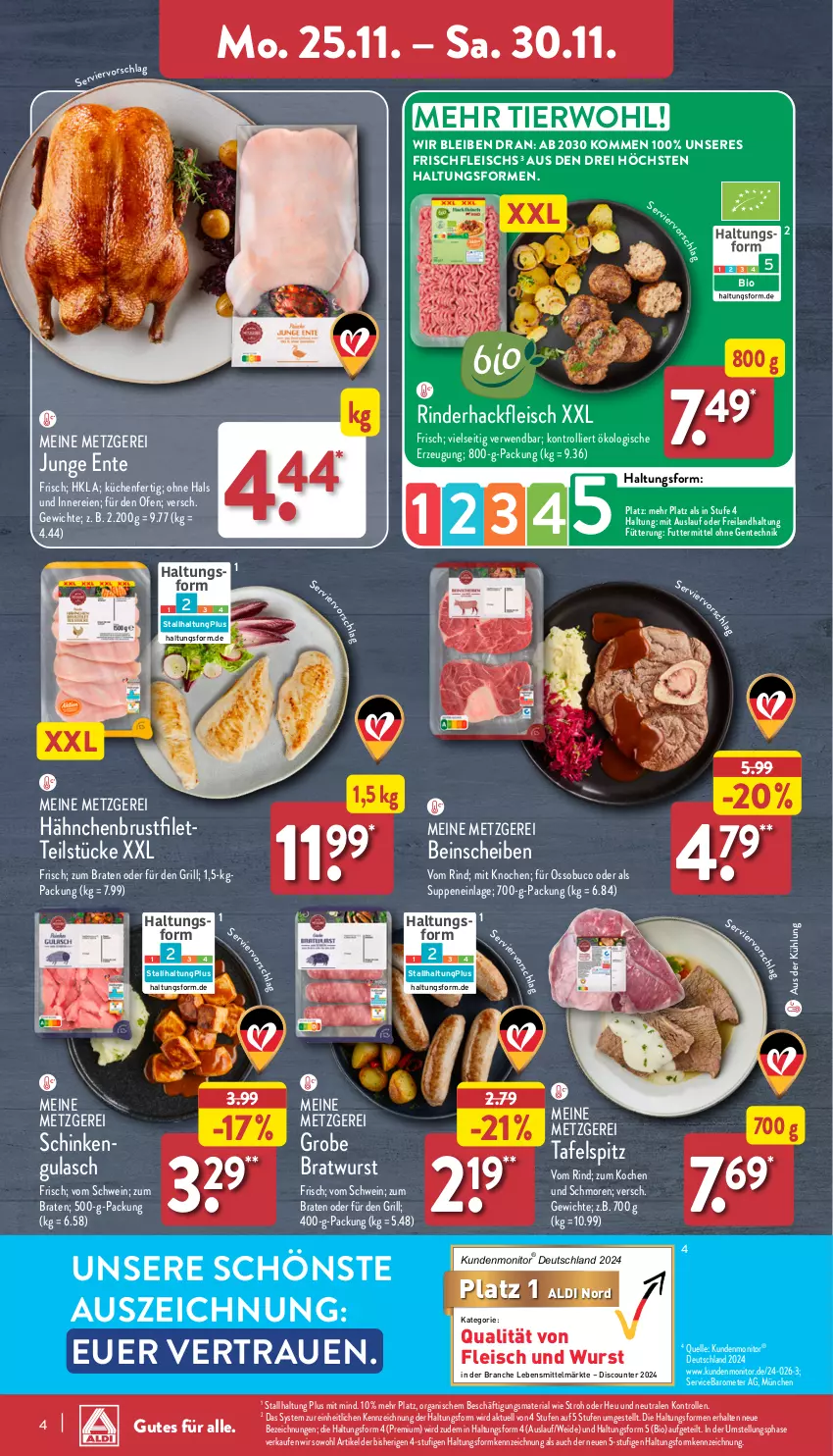 Aktueller Prospekt Aldi Nord - Von Montag - von 25.11 bis 30.11.2024 - strona 4 - produkty: aldi, bio, braten, bratwurst, brustfilet, discount, eis, elle, ente, filet, fleisch, grill, grobe bratwurst, gulasch, hackfleisch, hähnchenbrust, hähnchenbrustfilet, Heu, küche, Küchen, lebensmittel, monitor, Ofen, Ria, rind, rinder, rinderhackfleisch, rwe, schinken, schwein, suppe, suppen, tafelspitz, Ti, trolli, wein, wurst