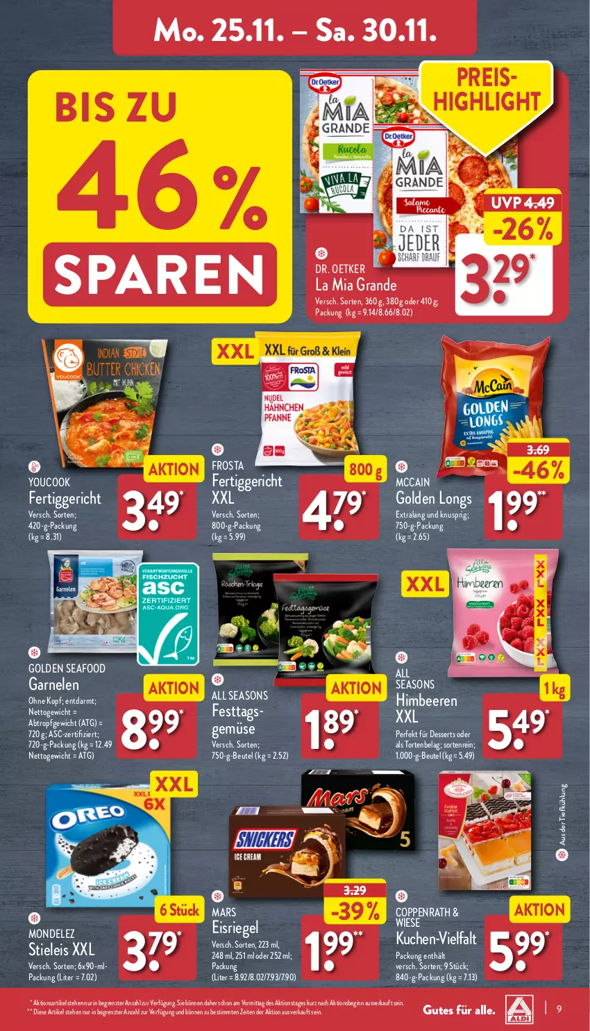 Aktueller Prospekt Aldi Nord - Von Montag - von 25.11 bis 30.11.2024 - strona 9 - produkty: aus der tiefkühlung, beere, beeren, beutel, coppenrath, dessert, desserts, Dr. Oetker, eis, Eisriegel, fertiggericht, frosta, garnelen, gin, Golden Longs, himbeer, himbeere, himbeeren, kuchen, mars, mccain, mondelez, reis, riegel, stieleis, Ti, torte, Yo, YouCook, ZTE