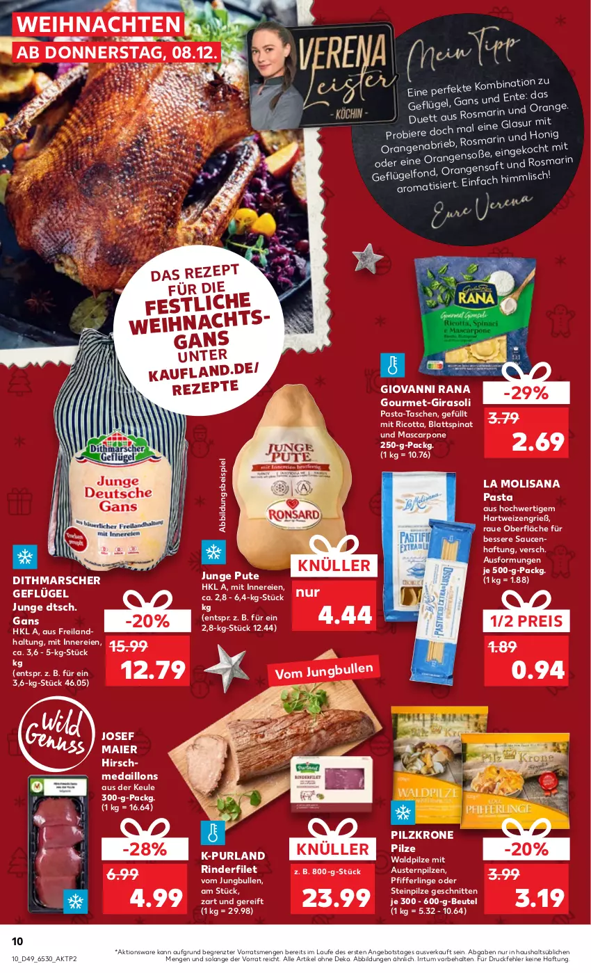 Aktueller Prospekt Kaufland - von 08.12 bis 14.12.2022 - strona 10 - produkty: angebot, aust, Austern, beutel, bier, Biere, blattspinat, eis, filet, Geflügel, giovanni rana, hartweizen, honig, isana, jungbullen, krone, mars, mascarpone, medaillons, orange, orangen, pasta, Pfifferlinge, pilze, purland, pute, Rana, reis, rezept, rezepte, ricotta, rind, rinder, rinderfilet, rosmarin, sana, sauce, saucen, schnitten, Soße, spinat, Steinpilze, Tasche, taschen, Ti, weihnachten, ZTE