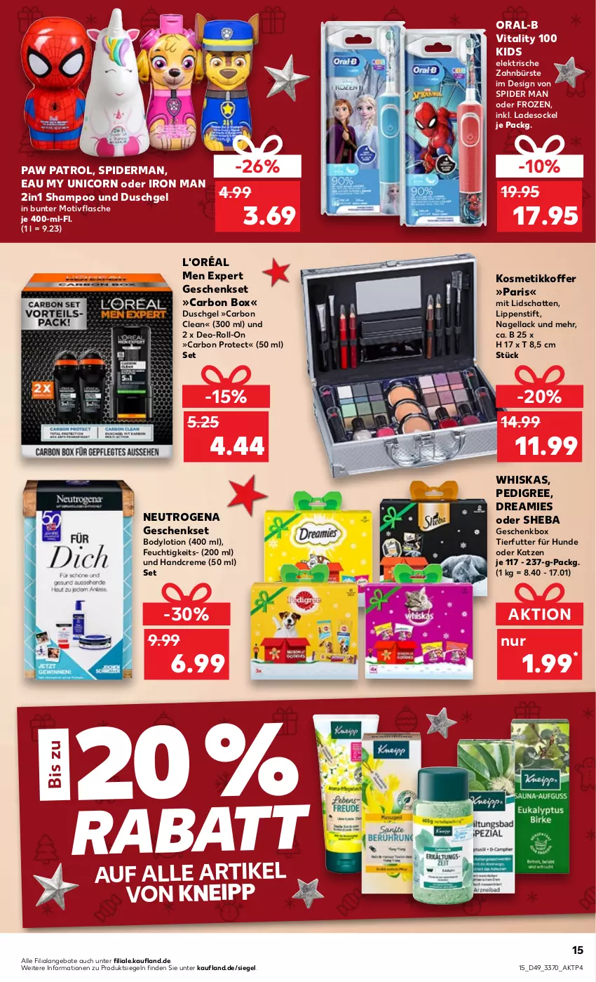 Aktueller Prospekt Kaufland - von 08.12 bis 14.12.2022 - strona 15 - produkty: angebot, angebote, body, bodylotion, bürste, creme, deo, dreamies, duschgel, elektrische zahnbürste, flasche, Geschenkbox, geschenkset, handcreme, kneipp, koffer, kosmetik, lack, Lippenstift, Lotion, Nagellack, neutrogena, oral-b, Paw Patrol, pedigree, roll-on, shampoo, sheba, Ti, vita, vitality, whiskas, zahnbürste