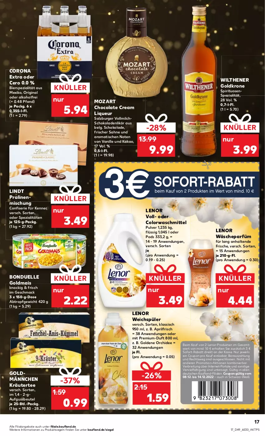 Aktueller Prospekt Kaufland - von 08.12 bis 14.12.2022 - strona 17 - produkty: alkohol, angebot, angebote, beutel, bier, bonduelle, bonduelle goldmais, Brei, burger, cola, colorwaschmittel, corona, corona extra, coupon, elle, gin, goldkrone, Goldmais, kakao, kräuter, krone, lenor, lenor weichspüler, LG, likör, lindt, liqueur, mac, mais, milch, orchidee, Pods, pralinen, pril, sahne, salz, schoko, schokolade, schokoladen, sofort-rabatt, Spezi, spirituosen, tee, Ti, tisch, vanille, vollmilch, wäscheparfüm, waschmittel, weichspüler, wilthener, Wilthener Goldkrone