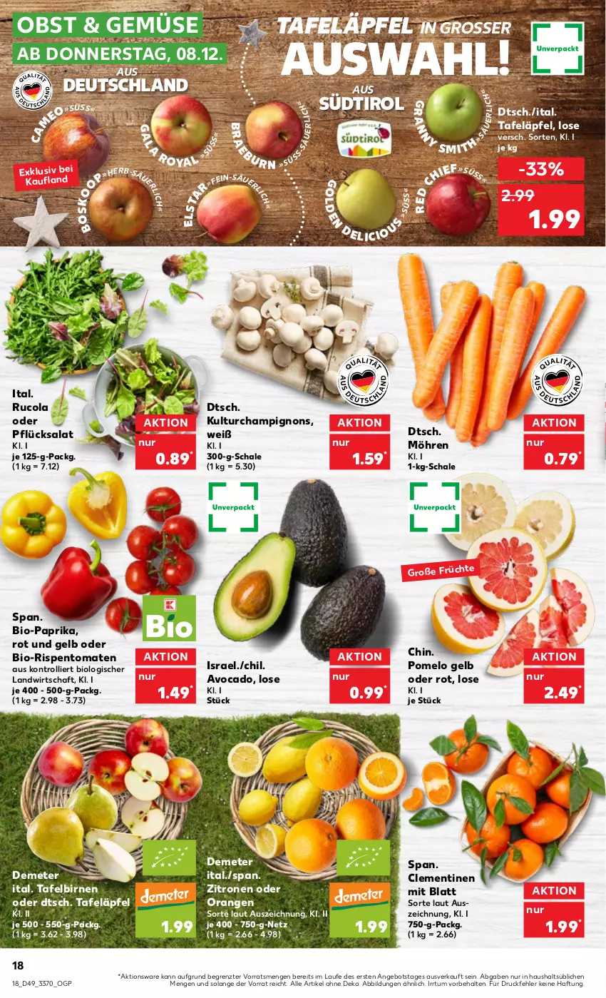 Aktueller Prospekt Kaufland - von 08.12 bis 14.12.2022 - strona 18 - produkty: angebot, avocado, bio, Bio-Paprika, Birnen, champignon, champignons, clementinen, cola, möhren, obst, orange, orangen, paprika, Pomelo, rispentomaten, rucola, salat, Schal, Schale, tafeläpfel, tafelbirnen, Ti, tomate, tomaten, trolli, zitrone, zitronen, ZTE