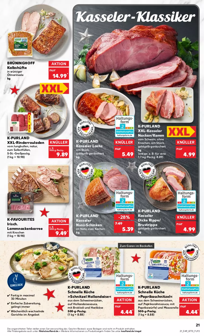 Aktueller Prospekt Kaufland - von 08.12 bis 14.12.2022 - strona 21 - produkty: angebot, angebote, backofen, besteck, brokkoli, elle, geschirr, hartkäse, hollandaise, ilag, jungbullen, Käse, kasseler, küche, lachs, lamm, marinade, mit paprika, mozzarella, natur, nuss, Ofen, paprika, purland, rel, rind, rinder, Rinderroulade, rinderrouladen, rouladen, sauce, schinken, schnitzel, schwein, schweine, schweinerücken, teller, Ti, wein, weine, würfel