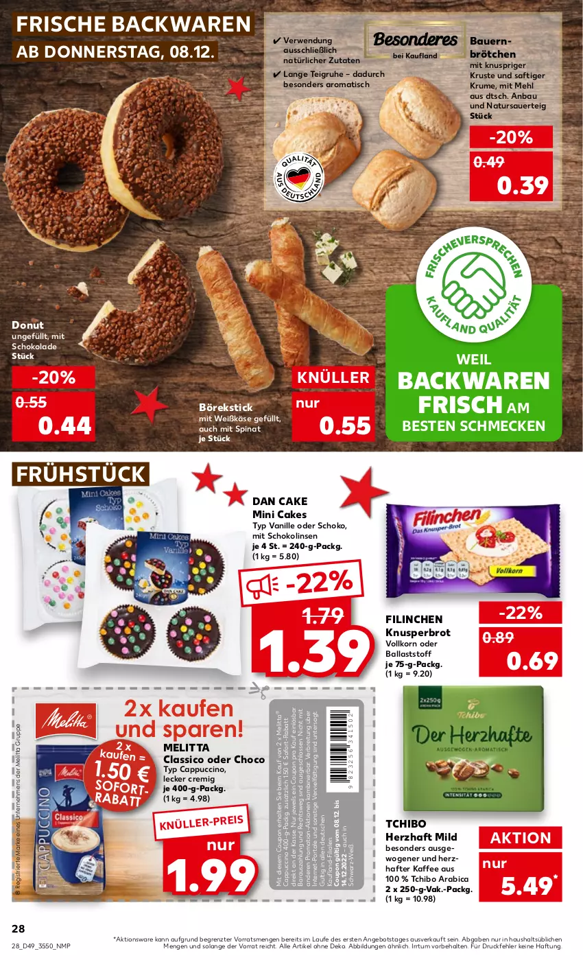 Aktueller Prospekt Kaufland - von 08.12 bis 14.12.2022 - strona 28 - produkty: angebot, auer, backwaren, ball, Bau, Bauer, Brei, brot, brötchen, Cap, cappuccino, cin, classico, coupon, Donut, eis, frische backwaren, kaffee, Käse, korn, linsen, mehl, melitta, natur, rum, rwe, saft, schoko, schokolade, Schokolinsen, sofort-rabatt, spinat, Tchibo, Ti, tisch, vanille, ZTE