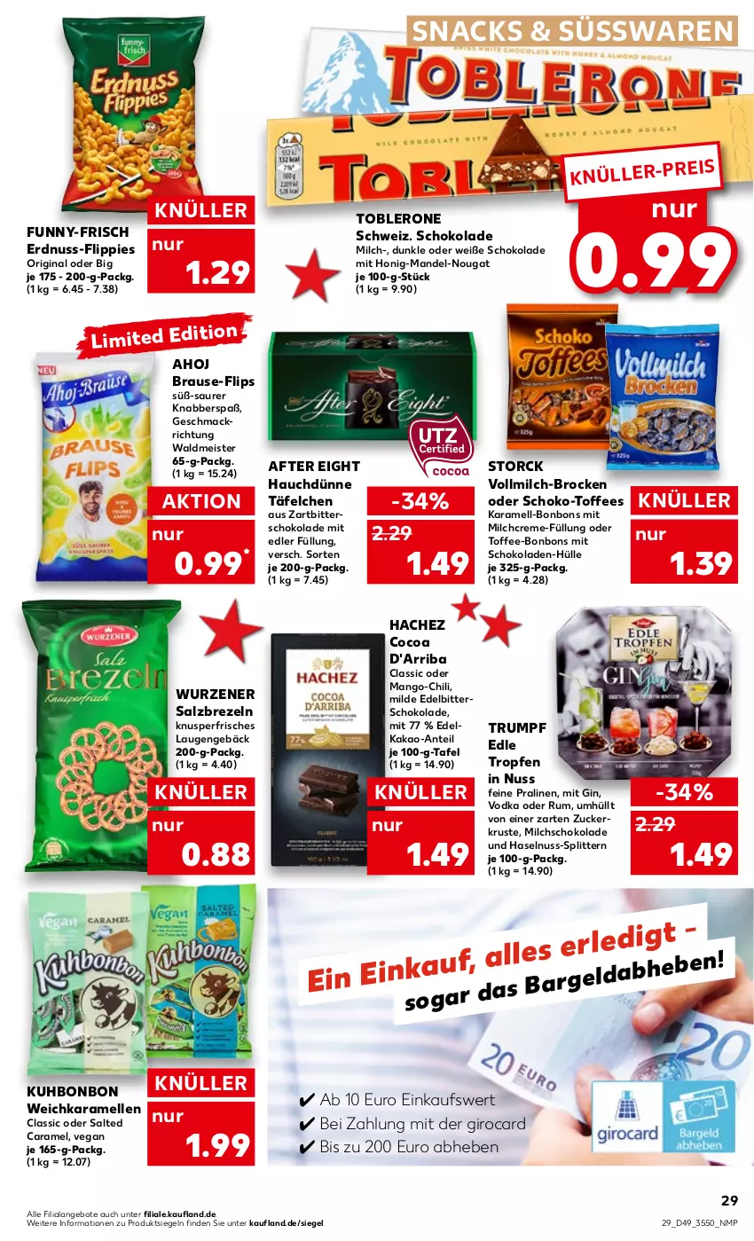 Aktueller Prospekt Kaufland - von 08.12 bis 14.12.2022 - strona 29 - produkty: after eight, angebot, angebote, bonbons, brause, brezel, Brezeln, Brock, caramel, chili, creme, eis, elle, erdnuss, flippies, funny-frisch, gin, haselnuss, honig, kakao, karamell, mac, mandel, mango, Meister, milch, nuss, pralinen, rum, salz, schoko, schokolade, schokoladen, snack, snacks, storck, süsswaren, Ti, toblerone, vodka, vollmilch, waldmeister, Weiße Schokolade, Zartbitterschokolade, zucker