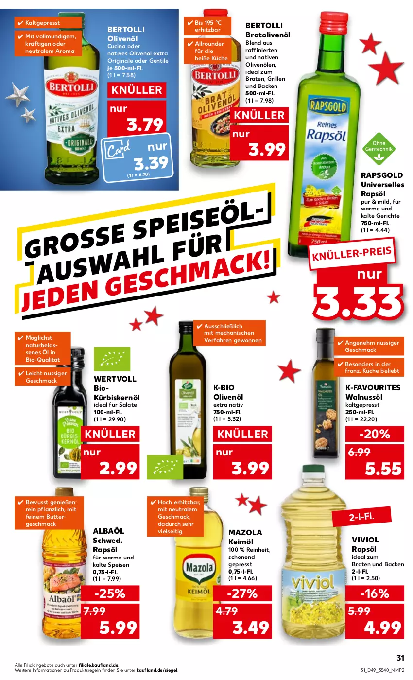 Aktueller Prospekt Kaufland - von 08.12 bis 14.12.2022 - strona 31 - produkty: angebot, angebote, bertolli, bio, braten, butter, cin, eis, elle, gin, grill, ideal zum braten, keimöl, küche, Kürbis, Kürbiskernöl, mac, mazola, natives olivenöl, natur, nuss, olive, oliven, olivenöl, olivenöl extra, rapsöl, salat, salate, Ti, walnuss