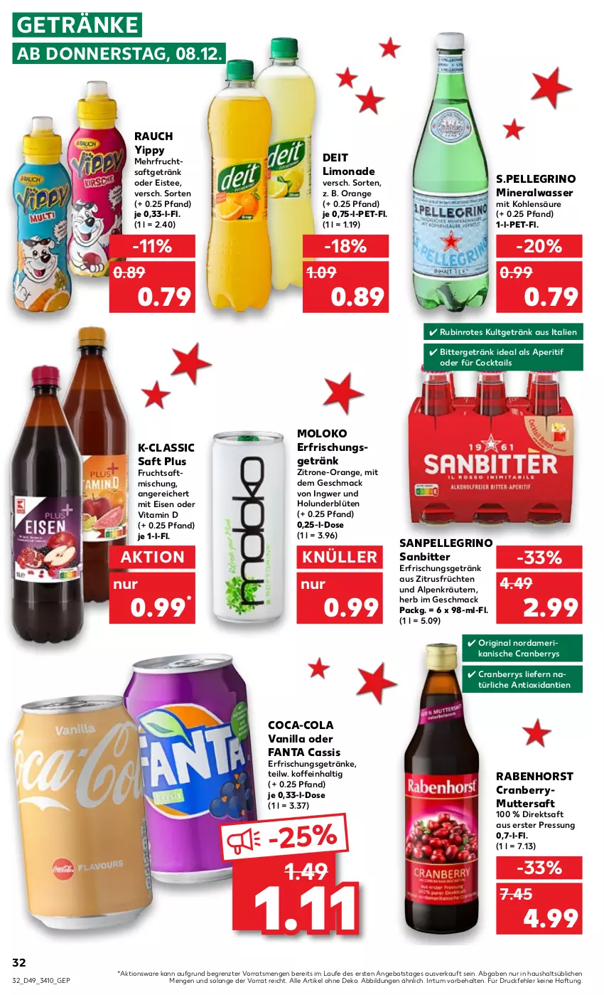 Aktueller Prospekt Kaufland - von 08.12 bis 14.12.2022 - strona 32 - produkty: Alwa, angebot, aperitif, Blüte, cassis, coca-cola, cocktail, cocktails, cola, cranberry, deit, direktsaft, eis, eistee, elle, erfrischungsgetränk, erfrischungsgetränke, fanta, frucht, früchte, früchten, fruchtsaft, fruchtsaftgetränk, getränk, getränke, gin, holunder, holunderblüte, ingwer, kräuter, kräutern, limo, limonade, mac, mineralwasser, orange, Rauch, Rubin, saft, sanpellegrino, tee, Ti, vita, Vitamin D, wasser, zitrone, ZTE