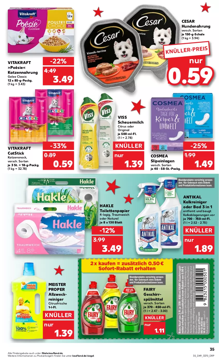 Aktueller Prospekt Kaufland - von 08.12 bis 14.12.2022 - strona 35 - produkty: allzweckreiniger, angebot, angebote, Bad, Brei, citrus, cosmea, coupon, eis, fairy, gelee, geschirr, geschirrspülmittel, gin, hakle, hakle toilettenpapier, Heu, hundenahrung, Kalkreiniger, katzennahrung, katzensnack, kraft, Meister, meister proper, milch, natur, papier, reiniger, rel, Schal, Schale, scheuermilch, slip, slipeinlagen, snack, spülmittel, Ti, toilettenpapier, vita, vitakraft, weck