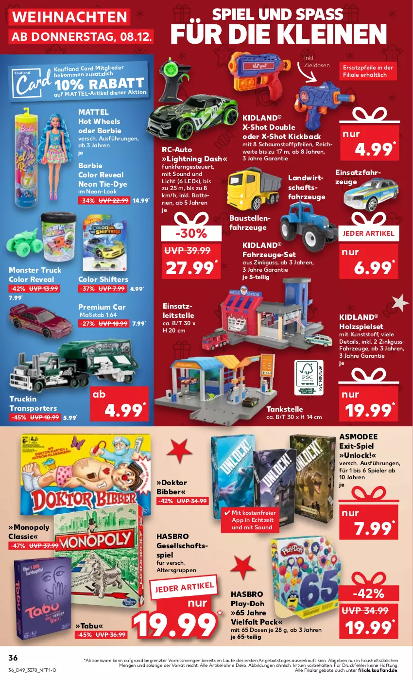 Aktueller Prospekt Kaufland - von 08.12 bis 14.12.2022 - strona 36 - produkty: angebot, angebote, aust, auto, Barbie, batterie, batterien, Bau, beko, eier, elle, Gesellschaftsspiel, Hasbro, Holz, Hot Wheels, leds, leine, Mattel, Mode, monster, Monster Truck, Play-Doh, Spiele, Sport, Ti, weihnachten, ZTE