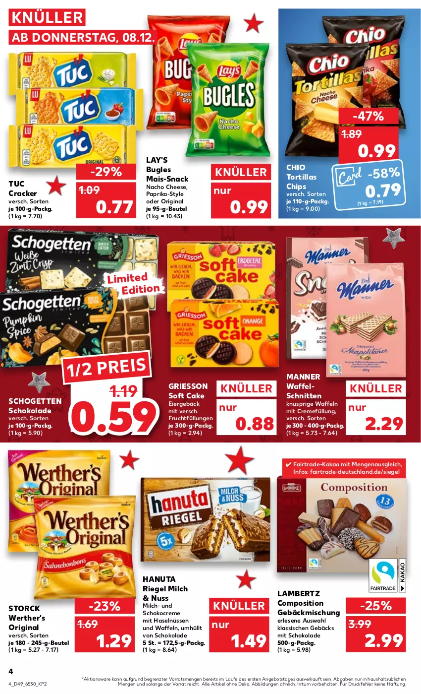 Aktueller Prospekt Kaufland - von 08.12 bis 14.12.2022 - strona 4 - produkty: Amber, angebot, beutel, bugles, chips, cracker, creme, eier, eis, frucht, gebäckmischung, gin, griesson, hanuta, kakao, lambertz, lay's, mais, Manner, milch, nacho, nacho cheese, nuss, paprika, reis, riegel, schnitten, schogetten, schoko, schokolade, snack, storck, Ti, tortilla, tortillas, tuc, waffeln, Waffelschnitte, werther's, ZTE