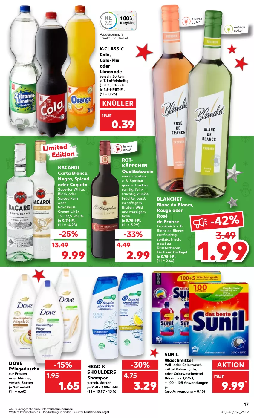 Aktueller Prospekt Kaufland - von 08.12 bis 14.12.2022 - strona 47 - produkty: angebot, angebote, bacardi, braten, burgunder, cola, colorwaschmittel, de blancs, decke, Deckel, dove, dusche, fisch, frucht, früchte, Geflügel, Käse, kokos, kokosnuss, lack, likör, limo, limonade, nuss, pflegedusche, qualitätswein, roséwein, rotkäppchen, rotwein, rouge, rum, saft, shampoo, spätburgunder, sunil, Ti, Tiere, waschmittel, wein, Weißwein, Wild