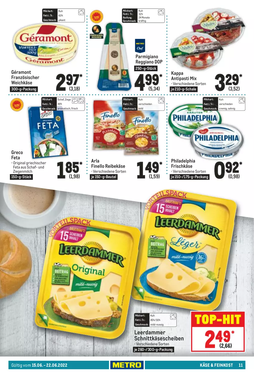 Aktueller Prospekt Metro - Food - von 15.06 bis 22.06.2022 - strona 11 - produkty: antipasti, arla, asti, beutel, feinkost, feta, finello, französischer weichkäse, frischkäse, géramont, gin, kappa, Käse, käsescheiben, leerdammer, mac, milch, nuss, parmigiano, parmigiano reggiano, philadelphia, reggiano, Reibekäse, Schal, Schale, schnittkäse, schnittkäsescheiben, Ti, tisch, top-hit, weichkäse