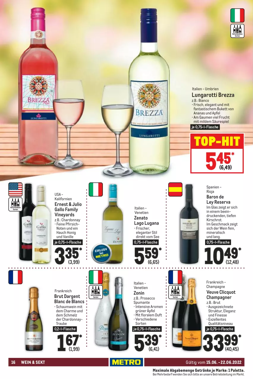 Aktueller Prospekt Metro - Food - von 15.06 bis 22.06.2022 - strona 16 - produkty: ananas, apfel, asti, brie, brut, brut dargent, champagne, champagner, chardonnay, de blancs, ecco, elle, ente, fanta, finesse, flasche, frucht, gallo, gallo family, getränk, getränke, honig, kirsch, mac, nivea, Palette, pfirsich, prosecco, puma, rioja, sekt, spumante, Ti, tisch, top-hit, vanille, wein, zonin