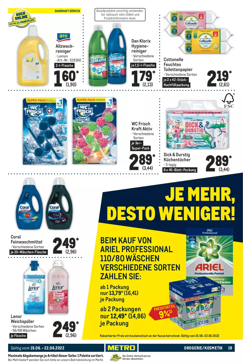 Aktueller Prospekt Metro - Food - von 15.06 bis 22.06.2022 - strona 19 - produkty: allzweckreiniger, ariel, auto, Coral, cottonelle, eis, elle, feinwaschmittel, feuchtes toilettenpapier, flasche, kosmetik, kraft, küche, Küchen, küchentücher, lenor, lenor weichspüler, Palette, papier, reiniger, reis, Ti, tisch, toilettenpapier, tücher, waschmittel, wc frisch, WC Frisch Kraft Aktiv, weck, weichspüler