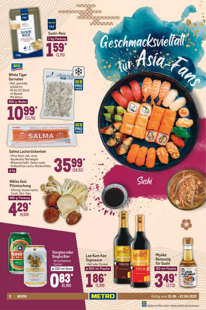 Aktueller Prospekt Metro - Food - von 15.06 bis 22.06.2022 - strona 2 - produkty: aqua, aust, Austern, beutel, bier, eis, essig, filet, filets, flasche, garnelen, je 500-ml-flasche, lachs, Metro, pilze, Pilzmischung, reis, rwe, sauce, soja, sojasauce, Sushi, Ti