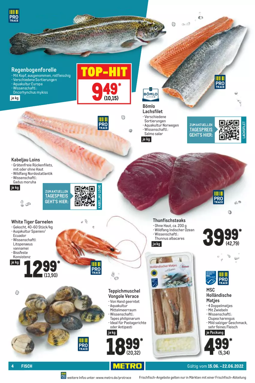 Aktueller Prospekt Metro - Food - von 15.06 bis 22.06.2022 - strona 4 - produkty: Abtei, angebot, angebote, antipasti, aqua, asti, eis, elle, filet, filets, fisch, fleisch, forelle, frischfisch, garnelen, lachs, lachsfilet, mac, matjes, Metro, mit zwiebeln, pasta, Pastagericht, reis, rel, rum, rwe, salz, steak, steaks, teppich, thunfisch, Ti, top-hit, Wild, zwiebel, zwiebeln